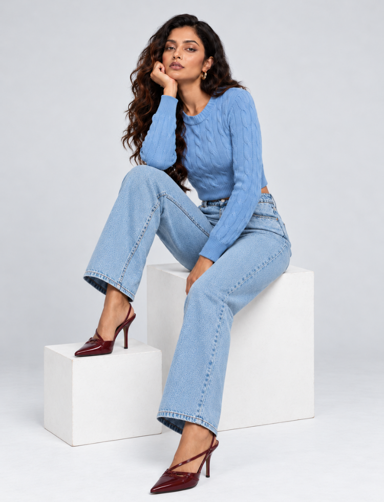 Sky Blue Cable Knit Crop Sweater – Crew Neck