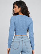 Sky Blue Cable Knit Crop Sweater – Crew Neck
