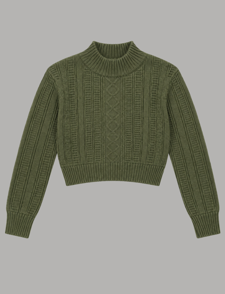 Cable Knit Crop Sweater – Mock Neck