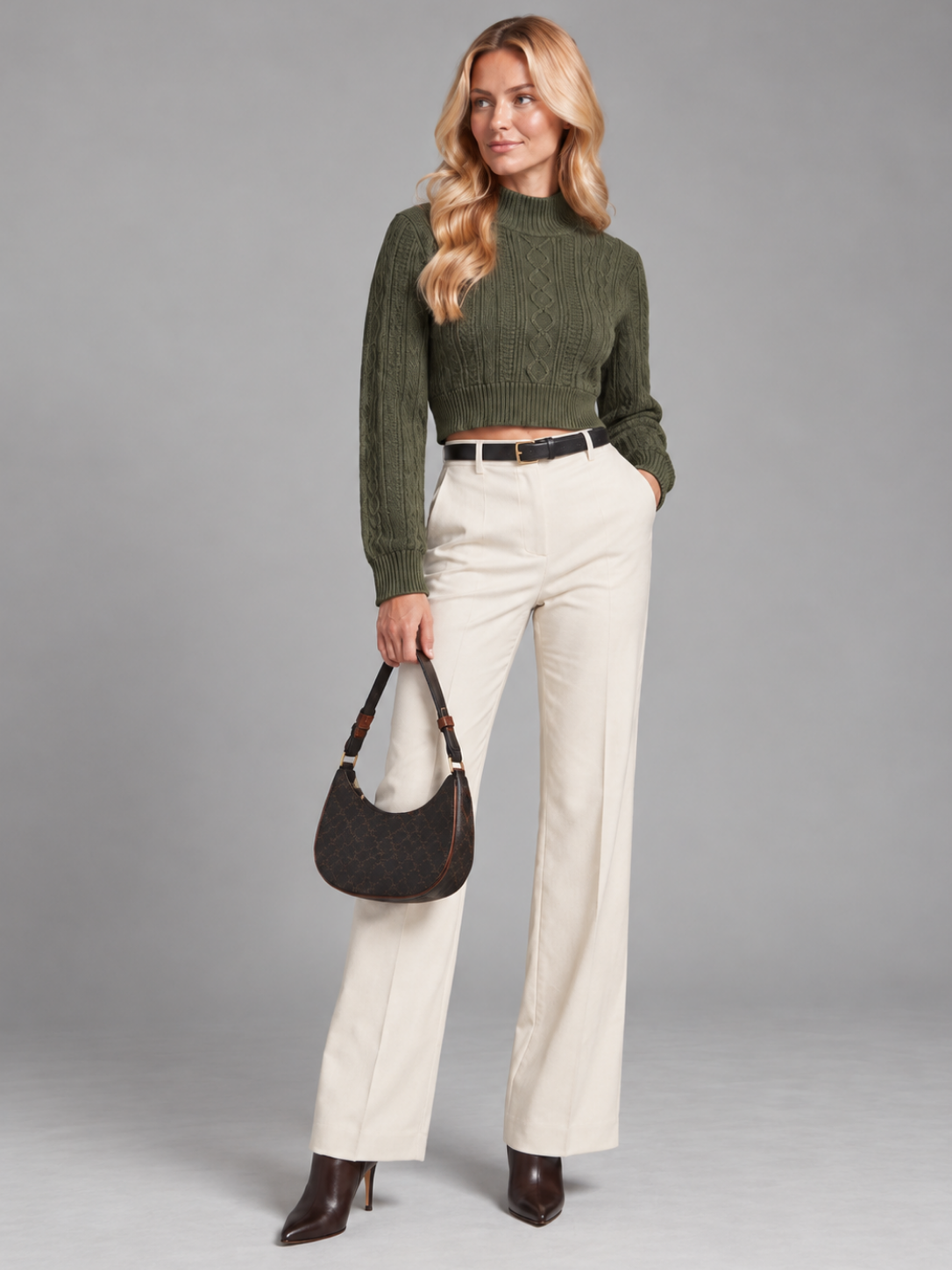 Cable Knit Crop Sweater – Mock Neck