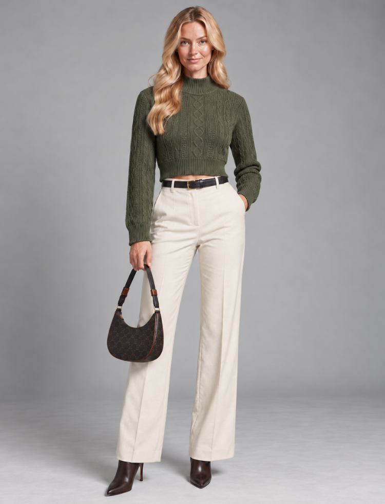 Cable Knit Crop Sweater – Mock Neck