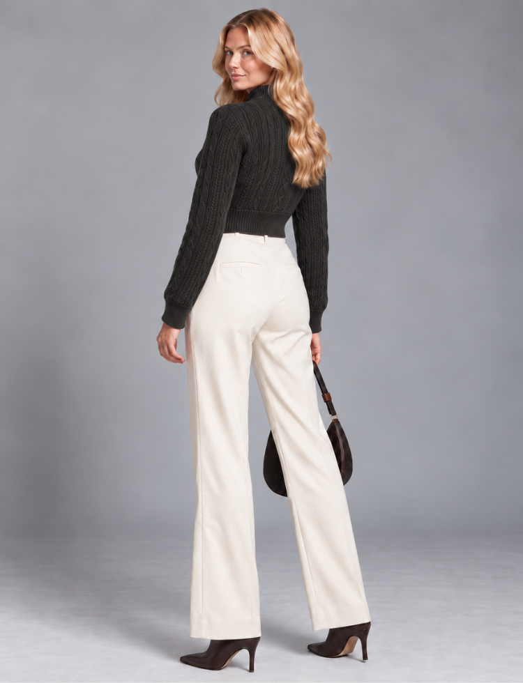 Black Cable Knit Crop Sweater – Mock Neck