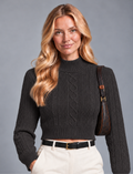 Black Cable Knit Crop Sweater – Mock Neck