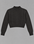 Black Cable Knit Crop Sweater – Mock Neck