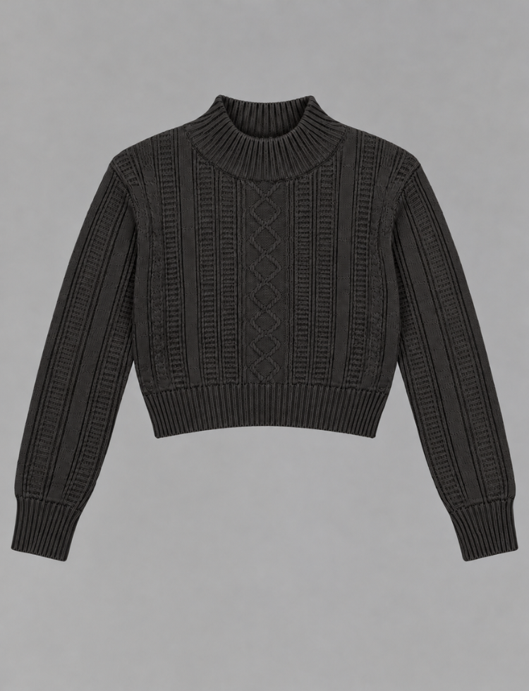 Black Cable Knit Crop Sweater – Mock Neck