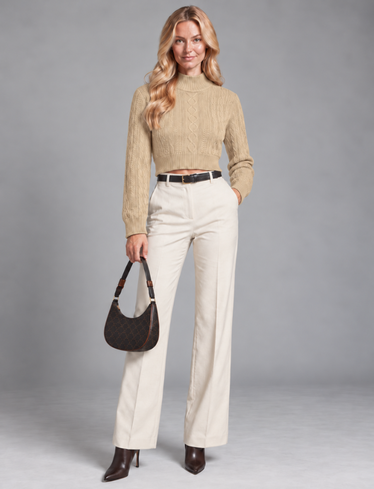 Beige Cable Knit Crop Sweater – Mock Neck