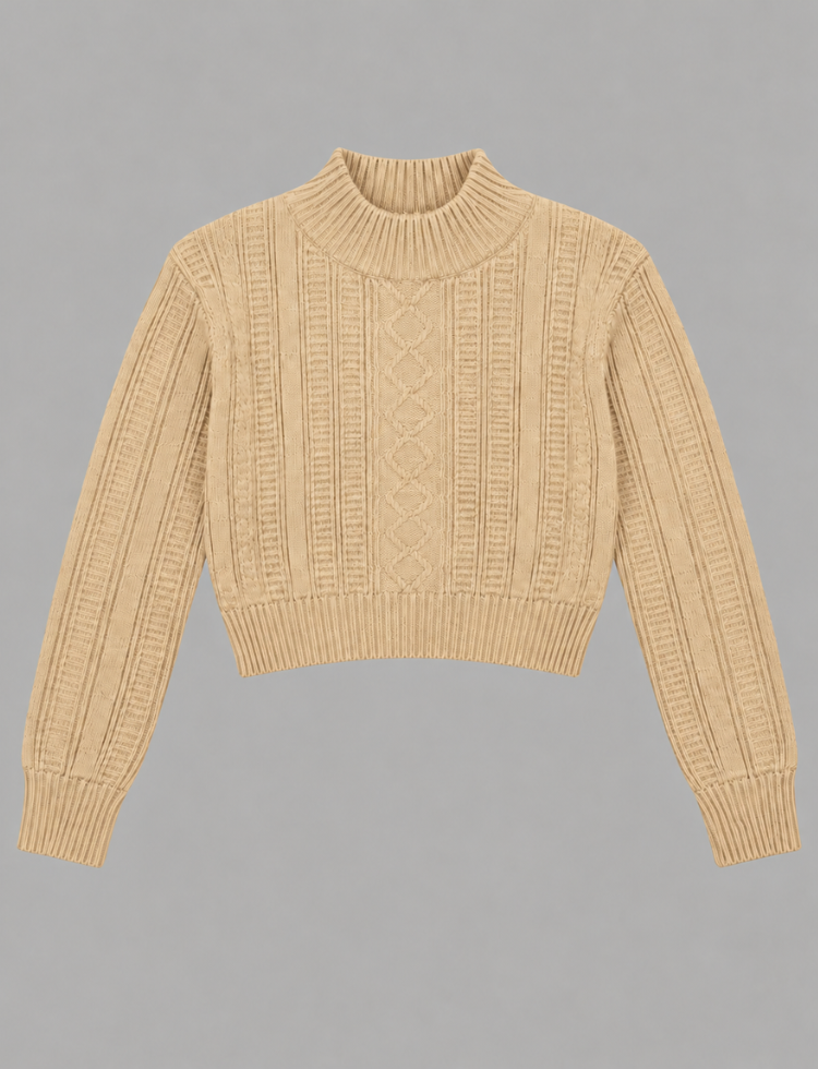 Beige Cable Knit Crop Sweater – Mock Neck