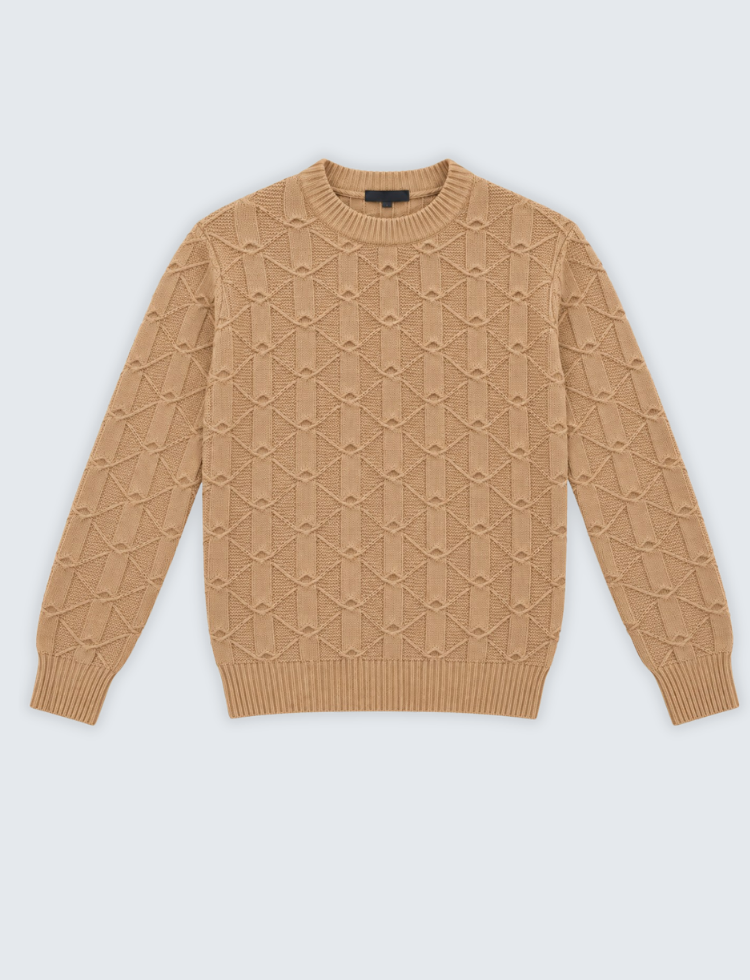 Sand Beige Textured Knit Sweater – Crew Neck