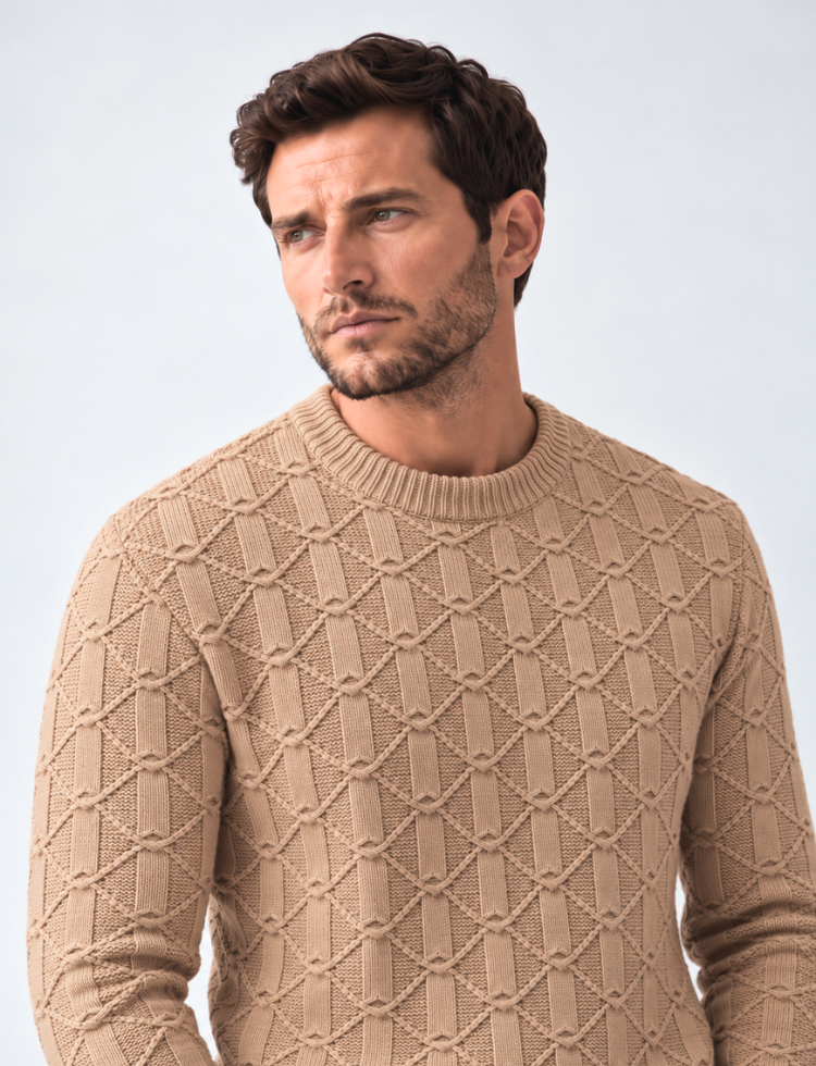 Sand Beige Textured Knit Sweater – Crew Neck