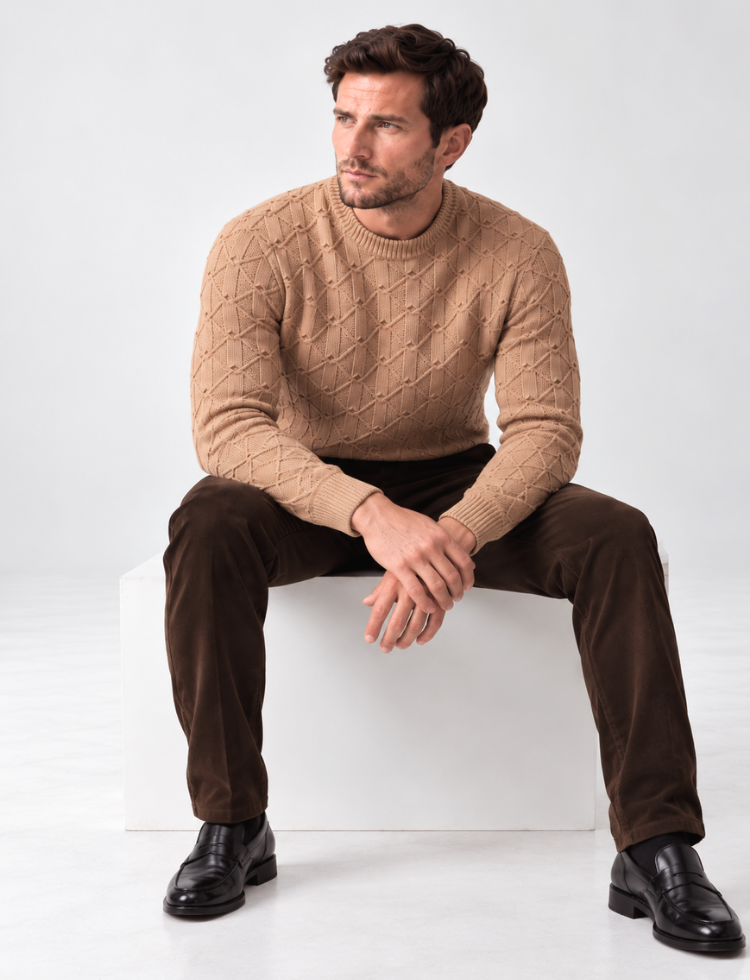 Sand Beige Textured Knit Sweater – Crew Neck