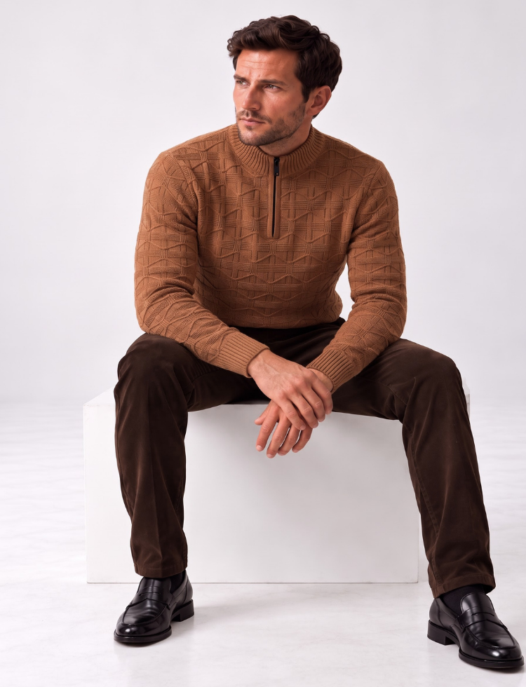 Geometric Knit Sweater – Quarter Zip Neck