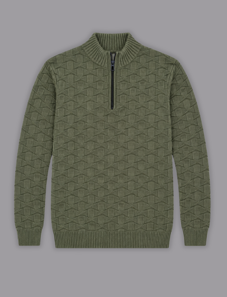 Olive Green Knit Sweater – Quarter Zip Neck