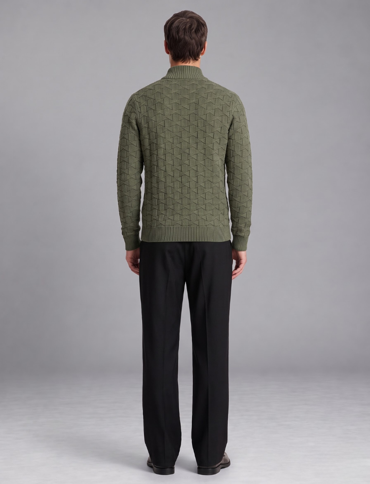 Olive Green Knit Sweater – Quarter Zip Neck