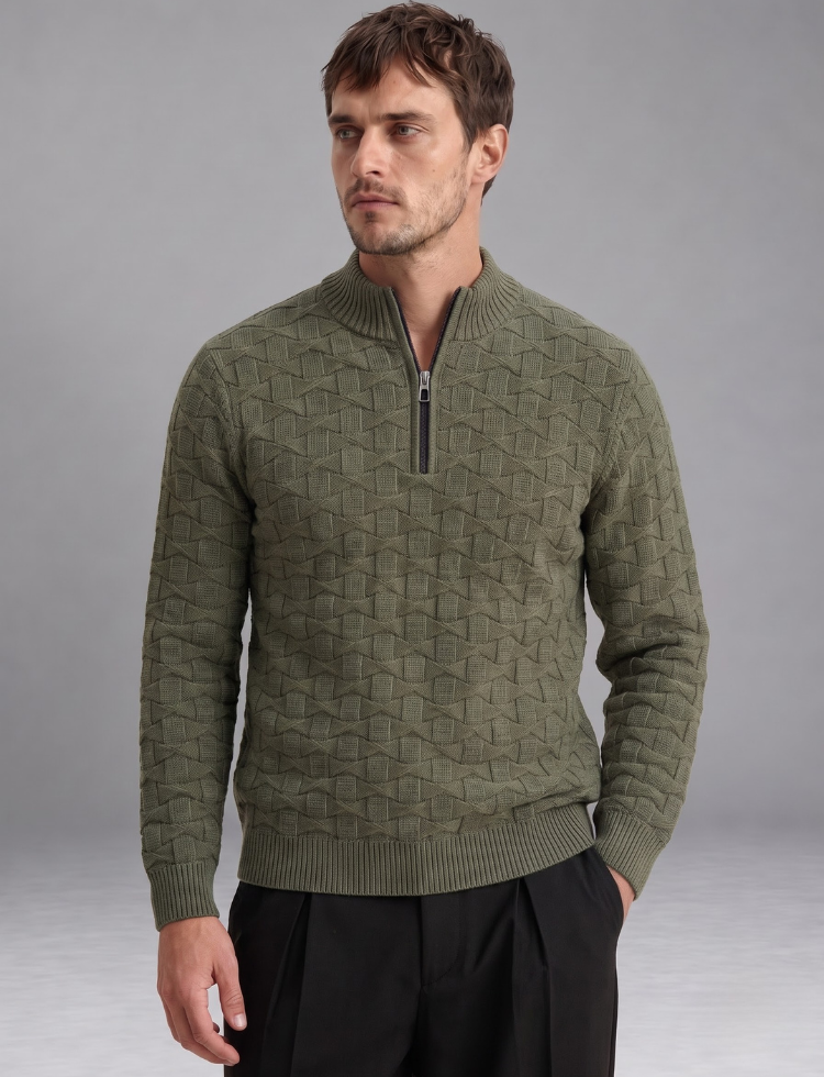 Olive Green Knit Sweater – Quarter Zip Neck