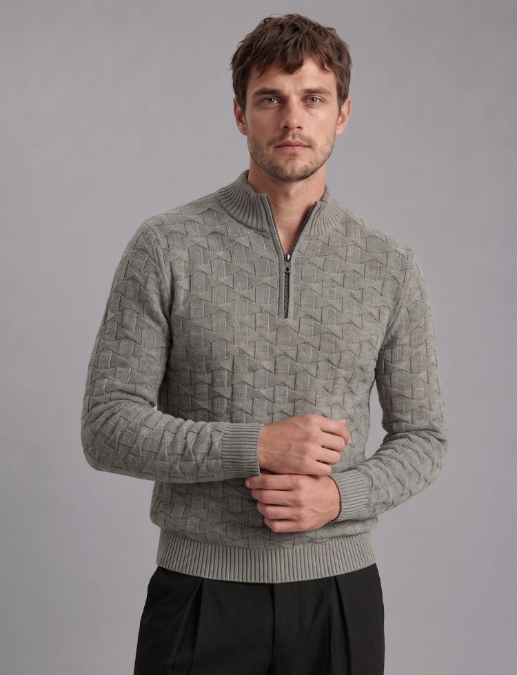 Grey Knit Sweater – Quarter Zip Neck