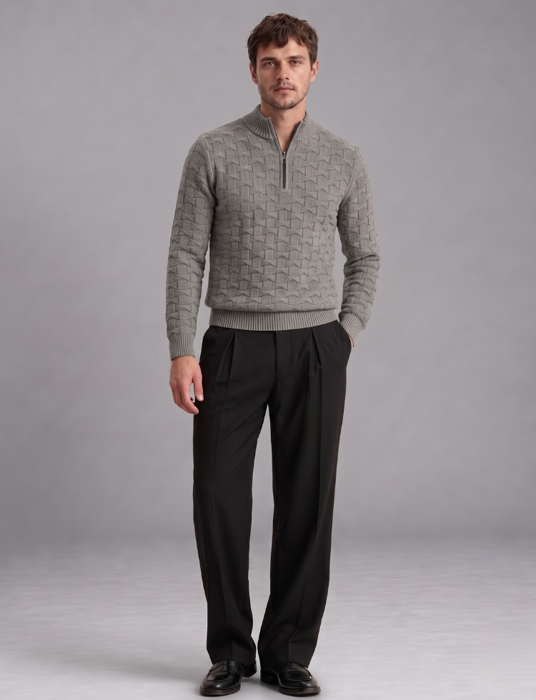 Grey Knit Sweater – Quarter Zip Neck