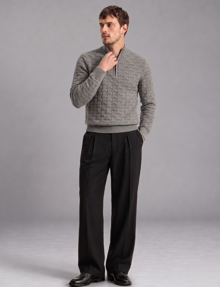 Grey Knit Sweater – Quarter Zip Neck