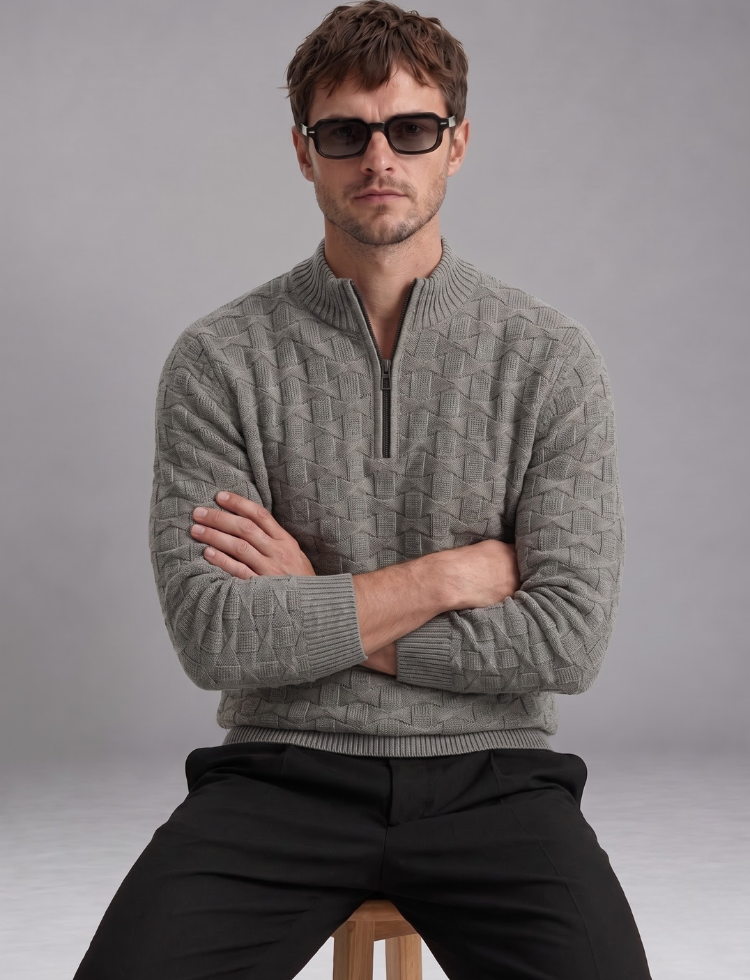 Grey Knit Sweater – Quarter Zip Neck