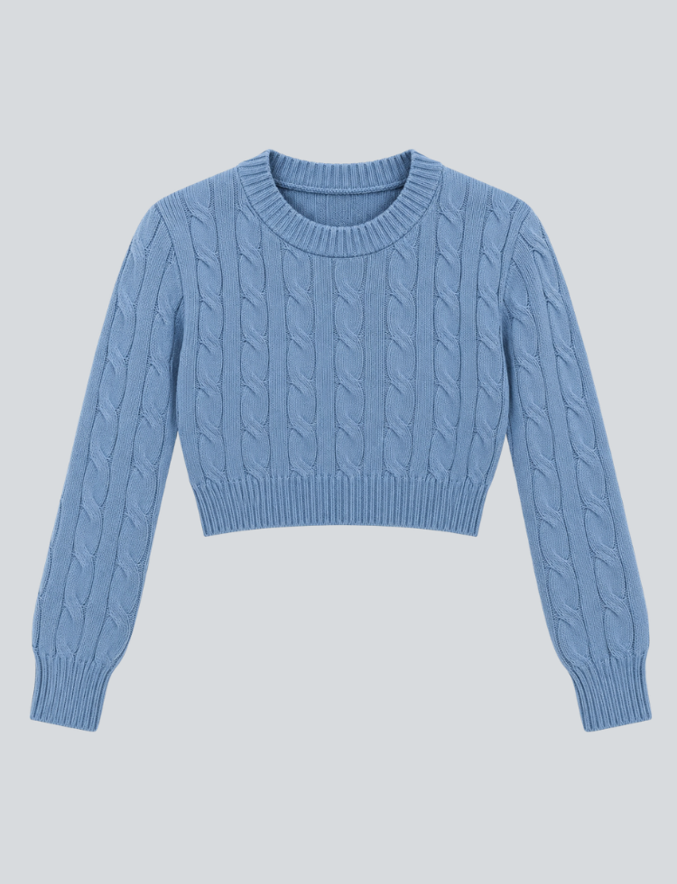 Sky Blue Cable Knit Crop Sweater – Crew Neck