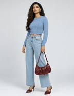 Sky Blue Cable Knit Crop Sweater – Crew Neck